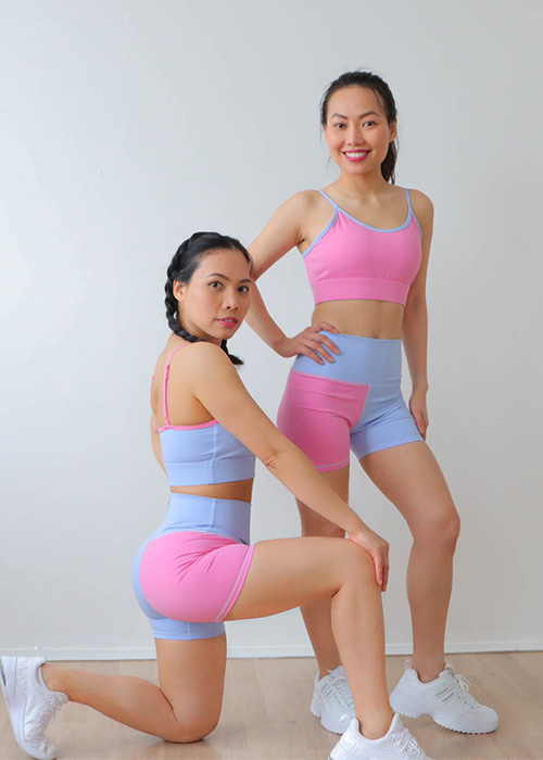 Blue and pink set, top and medium shorts
